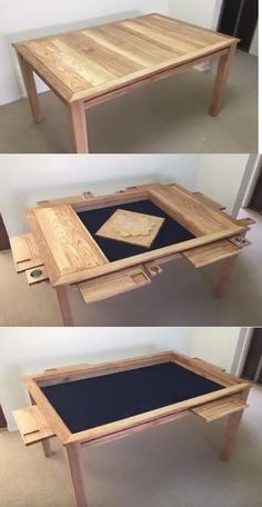 two pictures of a table with an open drawer on the top and bottom, in different angles