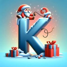 the letter k is decorated with santa claus and presents