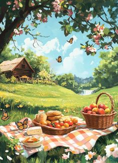 a picnic scene with apples and bread on a blanket