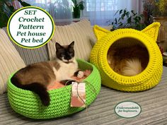 a cat laying in a crochet pet house on top of a couch with the caption see crochet pattern