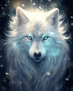 a white wolf with blue eyes standing in the snow