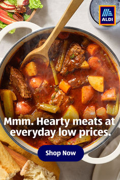 a pot full of meat and vegetables with the words mmm hearty meats at everyday low prices shop now