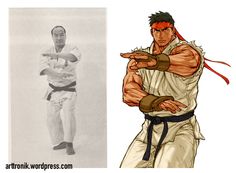 an old photo of a man in karate stance next to the same drawing of him