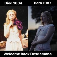 two women in dresses with the caption'welcome back desdemonna '