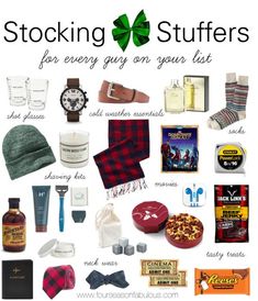 a bunch of different items that are on a white background with the words stocking stuff for every guy on your list