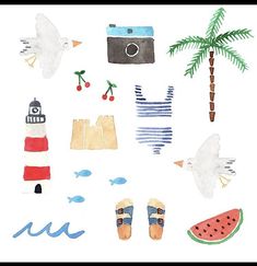 watermelon, palm tree, bird, camera and other items drawn by children