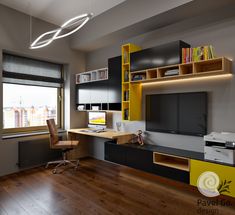 a room with a desk, chair and television on the wall next to a window