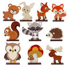 an assortment of cute woodland animals on wooden shelves