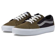 Vans SK8-Low - Shoes : Two-Tone Olive/Black : Show them on what being old school is all about with the classic Vans SK8-Low shoes! Classic skate shoes in a storied low-profile sneaker silhouette with uppers of canvas or suede and canvas. Padded collar and footbed for added comfort, fit, and superior shock absorption. Cotton drill lining provides excellent breathability and extra comfort. Side stripe detailing offers iconic skateboard style. Die-cut EVA insert for added support. Vulcanized constr Classic Vans Skate Shoes With Contrast Sole, Skateboarding Lace-up Canvas Shoes With Contrast Sole, Vans Vulcanized Lace-up Skate Shoes, Vans Low-top Canvas Shoes, Vans Lace-up Skate Shoes With Vulcanized Sole, Classic Skate Shoes With Laces For Streetwear, Classic Sneakers With Perforated Toe Box For Skateboarding, Classic Sneakers For Skateboarding With Perforated Toe Box, Classic Skate Shoes For Streetwear