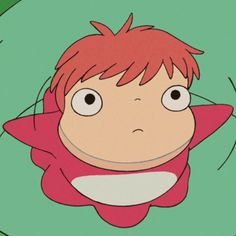 an animated image of a boy with red hair wearing a pink shirt and green background