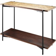 a wooden shelf with metal legs and a wood top