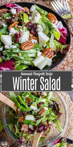 winter salad with apples, cranberries and pecans in a glass bowl on a table