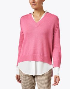 Looking effortlessly chic is easily achievable with this pink knit sweater from Brochu Walker. This cashmere and wool blend pullover creates the illusion of layering with its white shirt detailing, while its hi-low hem makes it easy to dress up or down. We love pairing it with slim-fitting trousers and ballet flats for a polished workwear edit. Shirt Detailing, Brochu Walker, Skirt And Top Dress, Pink Knit Sweater, Work Accessories, Pink Knit, Skirt Top, Shirt Outfit, White Shirt