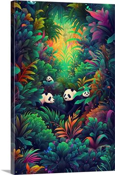 two pandas are in the jungle surrounded by plants and trees, with bright colors