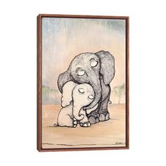 an elephant and its baby are standing in front of a painting on a white wall