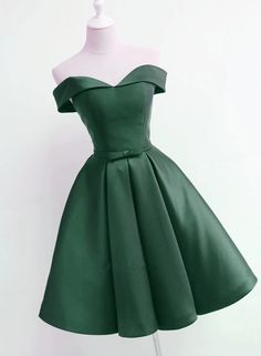 Dark Green Satin Off Shoulder Short Prom Dress Green Dress Formal, Homecoming Dresses Green, Dark Green Prom Dress, Prom Dress Green, Promotion Dresses, Grad Dresses Short, Forest Green Dresses, Short Green Dress, Dama Dresses