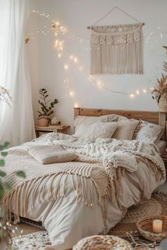 a bed with white sheets and pillows in a room filled with lights, plants and blankets