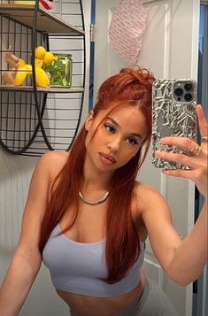 Ginger Hair On Morena, Hair Color Ideas Red Orange, Mixed Red Hair, Cowboy Copper Hair Dark Skin, Cowboy Ginger Hair, Penny Copper Hair, Black Hair With Ginger Money Piece, Dark Ginger Hair On Brown Skin, Copper Hair With Blonde Money Piece Curly Hair