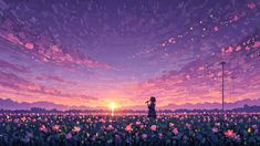 a person standing in the middle of a field with flowers on it at sunset or dawn