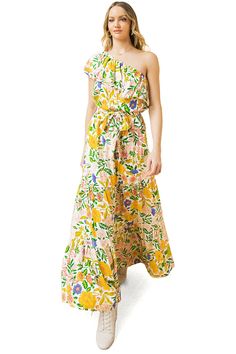 Beautiful full length maxi dress featuring bright summer floral prints and a one-shoulder neckline and ruffle overlay. Stretchy elastic band across the top and at the waist complete with a self-tie belt. CARE | Hand Wash Cold CONTENTS | Self: 100% Rayon/Lining: 100% Polyester MEASUREMENTS | 56"/142 cm Top to Bottom (Size Small) MODEL | 5'8 - wearing a size Small IMPORTED One-shoulder Summer Maxi Dress For Brunch, Summer Floral Print One Shoulder Dress For Brunch, Summer One-shoulder Maxi Dress With Ruffles, One Shoulder Ruffle Summer Maxi Dress, One Shoulder Ruffled Summer Maxi Dress, One-shoulder Maxi Dress For Garden Party, Spring Brunch One-shoulder Maxi Dress, Garden Party One Shoulder Maxi Dress With Ruffles, One-shoulder Ruffled Maxi Dress For Garden Party