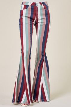 flared denim jeans, striped jeans, very 70s, fun, stretched denim pants, fringe detail at hem, very flattering, perfect with platforms for complete look. Flared Denim, Stretch Denim Pants, Flare Denim Jeans, Hippie Girl, Striped Jeans, Flared Pants, High Rise Denim, Denim Flares, Flared Jeans