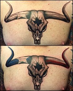 two pictures of a bull's skull with long horns on the side of his chest