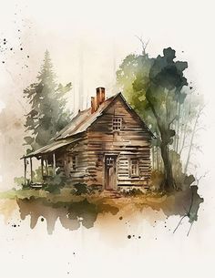 watercolor painting of an old log cabin in the woods