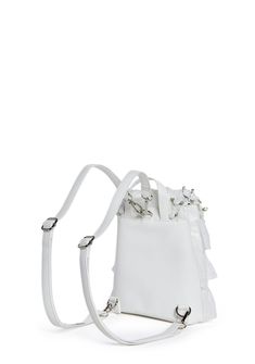 cuz when you’re this cute, no one can tell you no. This mini backpack has a vegan leather construction, an eyelet lace ruffled design, gingham print lining, adjustable and removable shoulder straps, a lace-up design on the flap adorned with rosette appliques, and a snap button and drawstring closure. White School Backpack With Detachable Strap, White Summer Backpack With Adjustable Strap, Summer White Backpack With Adjustable Strap, Summer Backpack With Adjustable Strap In White, White Backpack With Zipper For Summer, White Backpack With Zipper Closure For Summer, White Zippered Backpack For Summer, Ribbon In The Sky, Sugar Thrillz