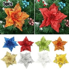 four different types of poinsettia flowers in various colors and sizes on a christmas tree