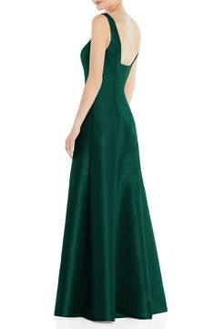 A classic silhouette sets a mood of quiet sophistication for an A-line gown cut from glossy satin and detailed with a dancefloor-friendly side slit. 59 1/2" length (size 8) Square neck Sleeveless Lined 100% polyester Machine wash, tumble dry Imported Satin Emerald Bridesmaid Dress, Elegant Formal Satin Dress With Square Neck, Square Neck Gown, Square Neck Satin Evening Dress, Green Satin Square Neck Dress, Alfred Sung Dresses, Green Satin Finish Floor-length Evening Dress, Green Satin A-line Maxi Dress, Alfred Sung