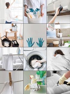 several pictures showing different things that are being used to clean clothes and other things in the room