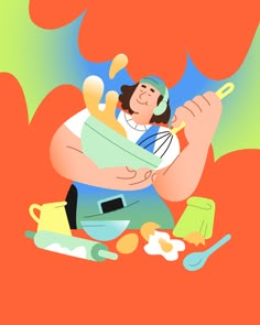 a woman sitting on the ground with utensils in her hands and an orange background