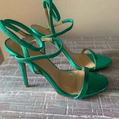 Beautiful Green Faux Leather Snake Embossed 4.5” Heels. Never Worn Only Tried On Around The House Green Ankle Strap Heels For Night Out, Green Strappy Heels With Wrapped Heel, Green Strappy Heels For Formal Occasions, Green Heels With 4-inch Heel For Night Out, Green Wrapped Heel For Night Out, Green Heels With Wrapped Heel For Night Out, Shoes Brand, Ankle Strap Heels, Strap Heels