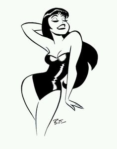 a black and white drawing of a woman in a bathing suit with her hands behind her head