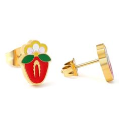 Strawberry Native Floral 18k Gold Plated earring Studs Native Heart Berry (Strawberry)   otêhimin, I love you! Like a strawberry, kisâkihitin The heart Berry ❤️ Many cultures consider the strawberry plant to be a woman's medicine. It is used to teach young women about creation, community and love.   Size is 10mm Sweet Gold Earrings For Gift, Strawberry Jewelry, Native Fashion, Strawberry Plant, Beautiful Flower Designs, Strawberry Plants, Medicine Wheel, Native Style, Earring Studs