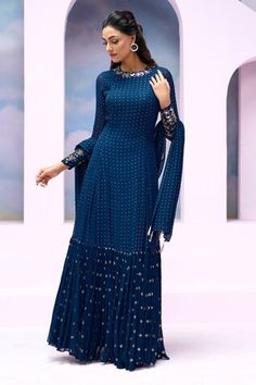 Navy blue anarkali with sequins, mirror and nalki embroidery with frill gathered hem. Comes with embroidered tasseled edged dupatta. - Aza Fashions Blue Georgette Anarkali Set For Transitional Season, Anarkali Blue Palazzo Set For Reception, Blue Anarkali Palazzo Set For Reception, Transitional Blue Georgette Anarkali Set, Floor-length Blue Palazzo Set For Eid, Blue Maxi Length Sharara With Cutdana, Blue Floor-length Palazzo Set For Festive Occasions, Blue Floor-length Palazzo Set For Festivals, Blue Maxi Length Kurta For Reception