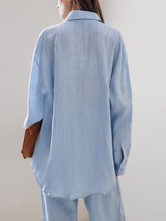 Women's 2024 Daily Set 2Piece Set 100% Cotton Long Sleeve Shirt and Long Pants Casual Solid Linen Set, Blue Long Sleeve Non-stretch Set, Long Sleeve Sets With Pockets For Vacation, Blue Long Sleeve Solid Color Sets, Plain Collared Tops For Spring, Blue Long Sleeve Sets, Cotton Long Sleeve Sets In Solid Color, V-neck Tops With Pockets For Vacation, Spring Cotton Long Sleeve Sets