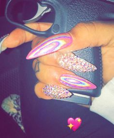 Neon Pink Nails With Rhinestones, Nails With Rhinestones Long, Long Neon Nails With Rhinestones, Long Pink Nails With Rhinestones, Pink Stilleto Nails With Rhinestones, Long Pink Sparkly Nails, Pink Nails With Rhinestones, Nails With Rhinestones, Neon Pink Nails