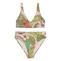 Fun and functional describes this vintage floral print swimsuit. Fresh tropical blooms, warm summer breezes and laid-back island life live on with this vintage floral print and playful tropical blooms. Whether you're spending your summer at the beach or enjoying the warmer weather, these swim leggings are perfect for sunny days paddleboarding or surfing. Features a flattering high cut leg, high waist and cheeky fit. • Fabric: 81% REPREVE recycled polyester, 19% LYCRA XTRALIFE • Double-layered, n Multicolor Floral Print Swimwear For Surfing, Spring Tropical Print Swimwear For Surfing, Tropical Floral Print Swimwear For Beach Season, Tropical Floral Print Swimwear For Beach Party, Tropical Floral Print Swimwear For Surfing, Pink Tropical Swimwear With Floral Print, Pink Tropical Floral Print Swimwear, Floral Print Beachy Swimwear For Surfing, Tropical Floral Print Swimwear For Vacation