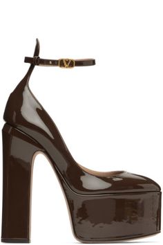 Brown Tan-Go Platform Heels by Valentino Garavani on Sale Brown Patent Leather Platform Heels, Brown Patent Leather Ankle Strap Heels, Valentino Platform Heels, Brown Platform Heels, Heels Valentino, Valentino Heels, Browning Logo, Chic Shoes, Closet Organizer