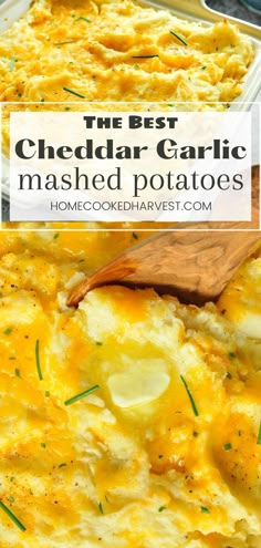 the best cheddar garlic mashed potatoes in a casserole dish with a wooden spoon