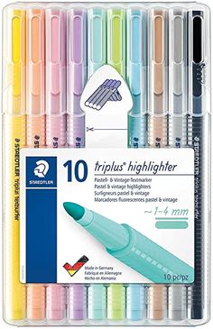 a box of markers and pens with different colors