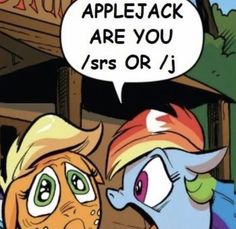 an image of two cartoon characters talking about applejack and the other character is looking at each other