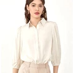 Ordered This And Forgot To Return Before Window Closed. Brand New, Never Worn. 100% Polyester. It’s A Buttery Smooth Material And Is An Off-White Cream Color Casual Half Sleeve Office Blouse, Casual Half Sleeve Blouse For Office, Spring Office Shirt With Half Sleeves, Spring Office Half Sleeve Shirt, Summer Office Blouse With Half Sleeves, Chic Blouse With 3/4 Sleeves And Button Closure, Half Sleeve Shirt For Office In Spring, Feminine 3/4 Sleeve Blouse For Daywear, Chic Half Sleeve Blouse