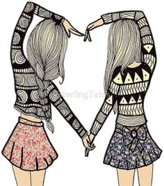 two girls are holding hands and looking at each other