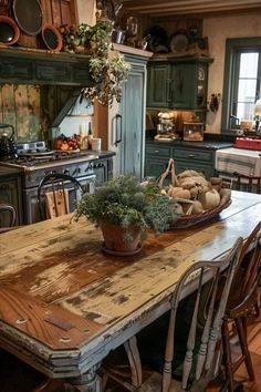 a wooden table topped with a bowl filled with vegetables next to a stove top oven