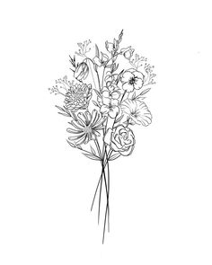 a black and white drawing of flowers on a white background