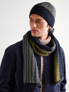 Prepare for dipping temperatures with Johnstons of Elgin's beanie and scarf set. Both are knitted from soft cashmere in a ribbed, color-block finish. We think it makes a thoughtful gift. Cashmere Beanie, Scarf Set, Cashmere Scarf, Mr Porter, Color Blocking, Color Block, Scarf Accessory, Porter, Cashmere