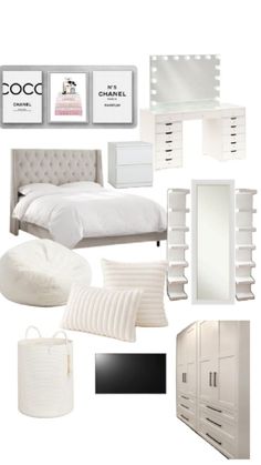 a bedroom with white furniture and accessories on it's display shelves, including a bed, dresser, mirror, closets, lamps, and other items