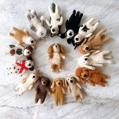 there are many small stuffed animals arranged in a circle on the counter top, with one dog's eyes open